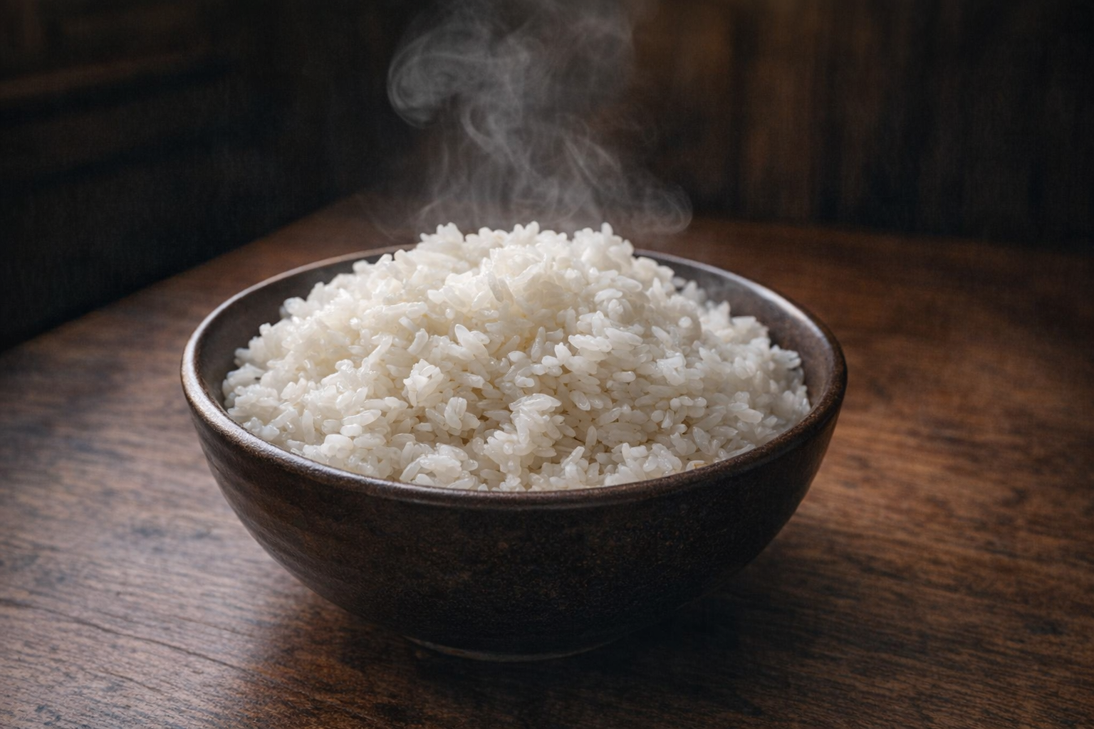 A bowl of perfectly cooked, fluffy white rice, light steam rising, against a dark wooden background, soft natural light